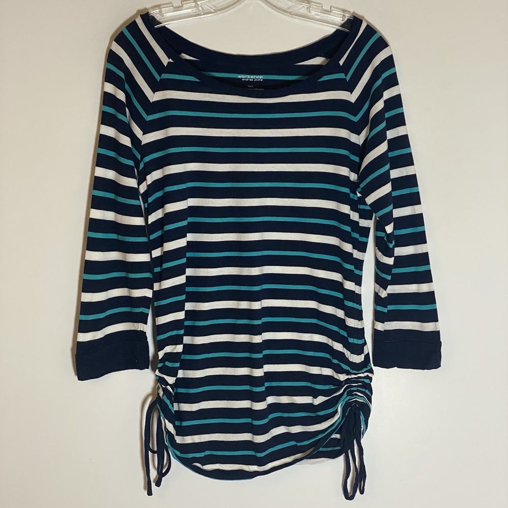 Workshop Andrea Javine Top Womens Large Blue White Striped 3/4 Sleeve Classy Fun